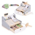 Puidust laste kassa skänneriga, pangatähtede, müntide ja kaardiga