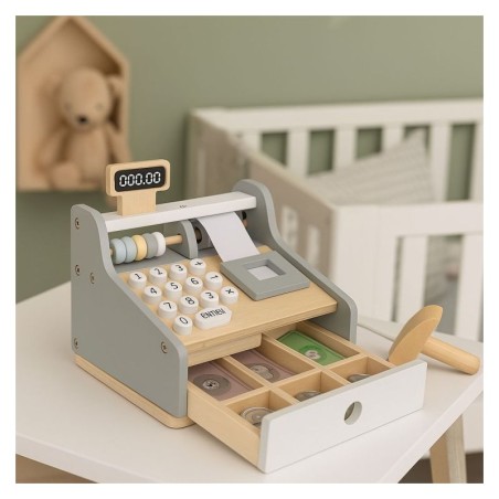 Puidust laste kassa skänneriga, pangatähtede, müntide ja kaardiga