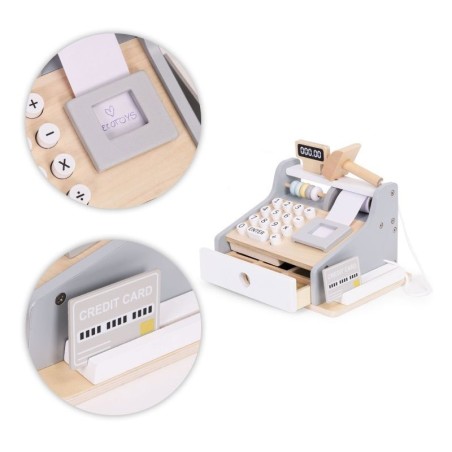 Puidust laste kassa skänneriga, pangatähtede, müntide ja kaardiga