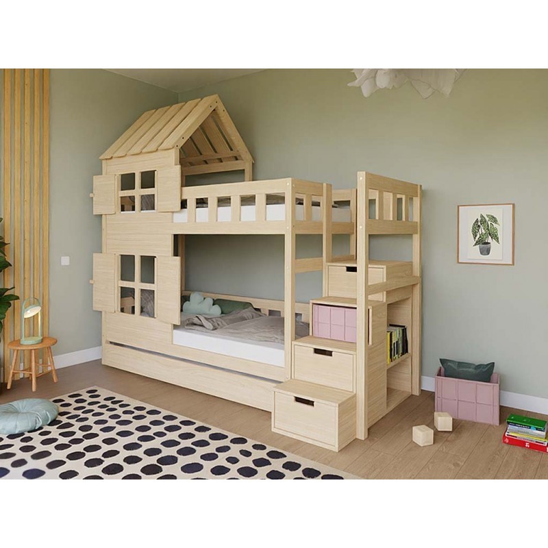 Narivoodi COTTAGE poolkatuse ja panipaigaga trepiga 90x200 cm, viimistlemata