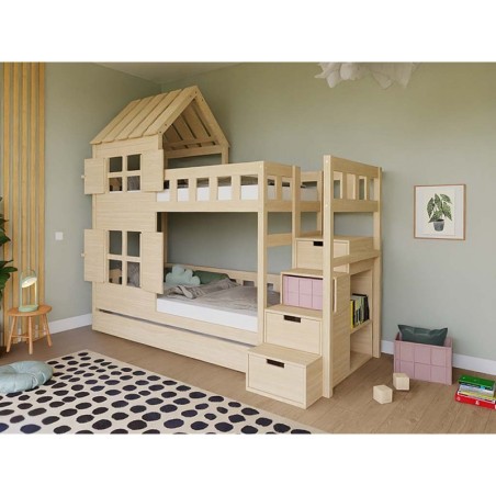 Narivoodi COTTAGE poolkatuse ja panipaigaga trepiga 90x200 cm, viimistlemata