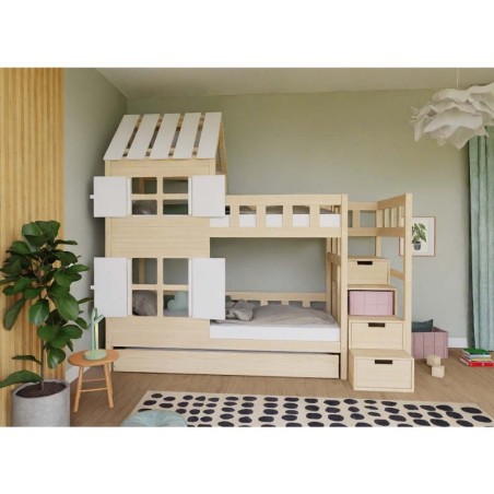 Narivoodi COTTAGE poolkatuse ja panipaigaga trepiga 90x200 cm, viimistlemata