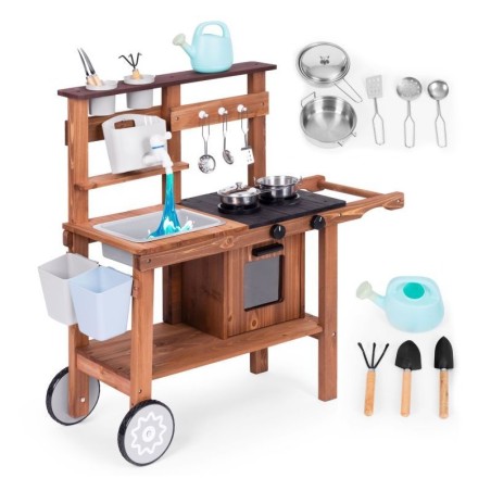 Mudaköök laste mänguköök, kuusepuidust, tarvikutega, rattad ja käepide
