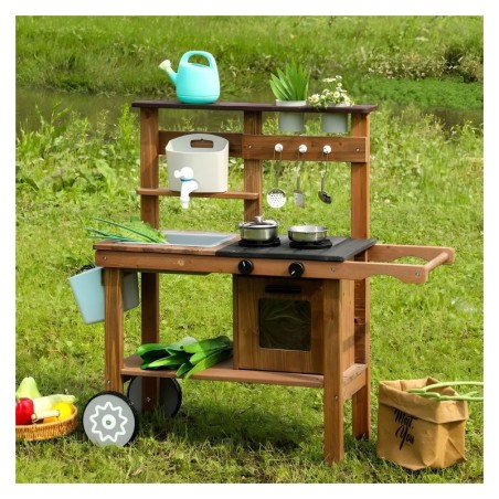 Mudaköök laste mänguköök, kuusepuidust, tarvikutega, rattad ja käepide