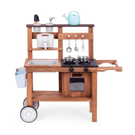 Mudaköök laste mänguköök, kuusepuidust, tarvikutega, rattad ja käepide