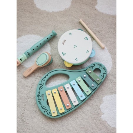 Puidust muusikariistade komplekt Flööt Tamburiin Kastanjetid Taldrikud