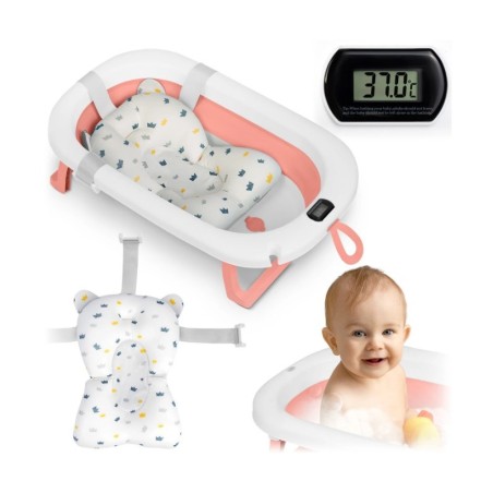 Kokkupandav beebivann termomeetri ja sisuga, valge ja roosa