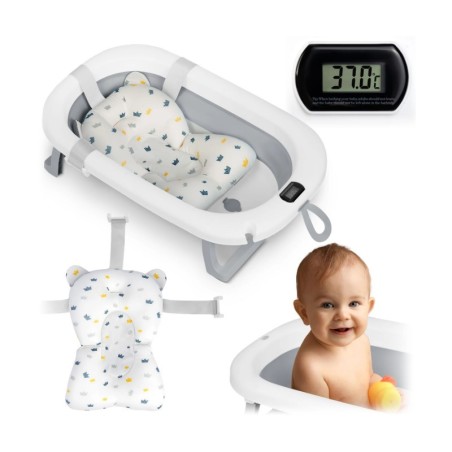 Kokkupandav beebivann termomeetri ja sisuga, valge ja hall