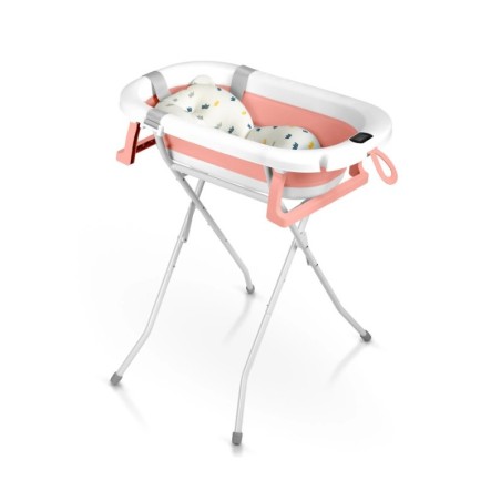 Kokkupandav beebivann alusega, termomeetri ja sisuga, valge ja roosa