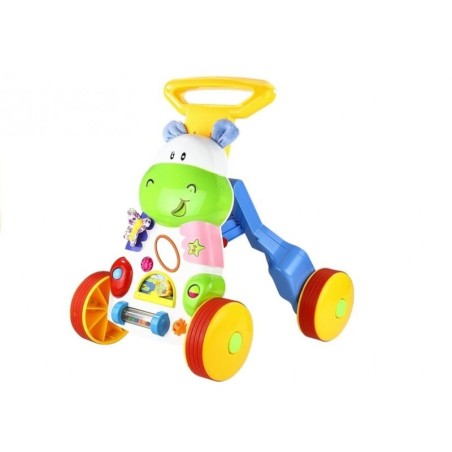 Väikelapse tõukamine mänguasjaga Jõehobu kõlab, kortsutab peegli