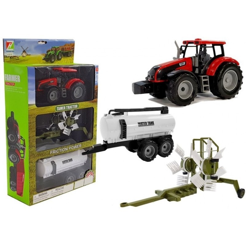 Traktor koos haagise, reha ja punase tankeriga