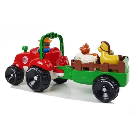 Traktor haagisega, loomad beebidele, akud, tuled, heli
