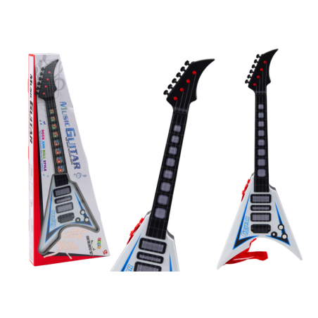 Lastele mõeldud elektrikitarr, tuled, meloodiad, valged