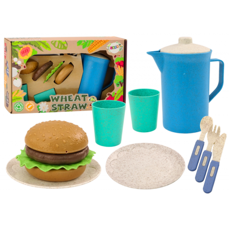 Lauanõude komplekt, taldrikud, tassid, kann, Hamburger, söögiriistad, 11 tk