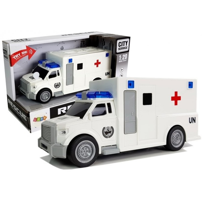 Hõõrdeajamiga auto kiirabi valge 1:20 heliga