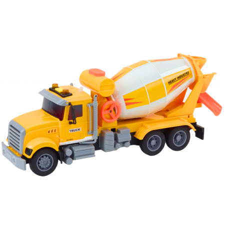 Kollane betoonisegisti veoauto hõõrdeajamiga valguse ja heliefektidega