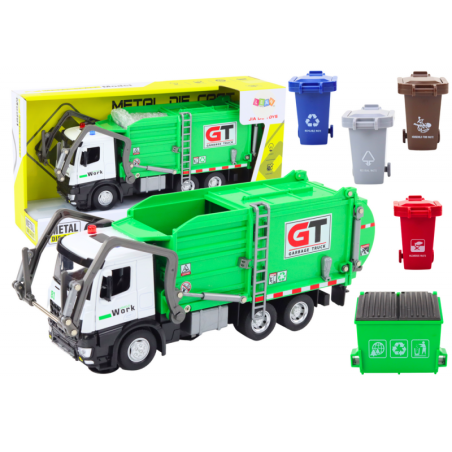 Multifunktsionaalne roheline metallist prügiauto hõõrdeajami ja värviliste korvidega