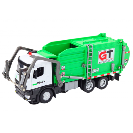 Multifunktsionaalne roheline metallist prügiauto hõõrdeajami ja värviliste korvidega