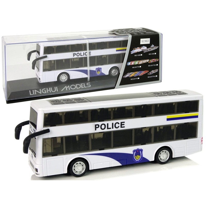 Valge kahekorruseline heliga politseibuss