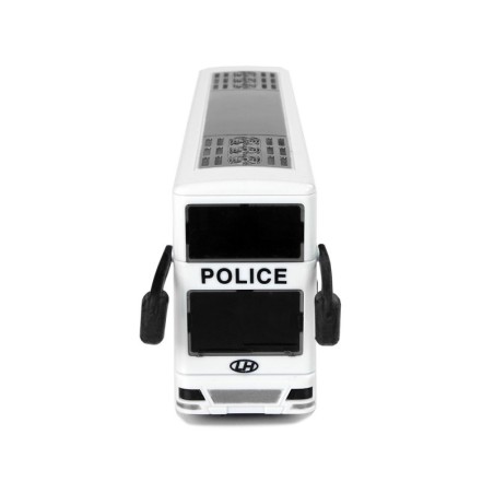 Valge kahekorruseline heliga politseibuss