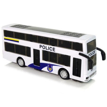 Valge kahekorruseline heliga politseibuss