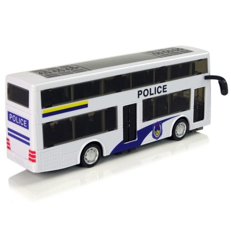 Valge kahekorruseline heliga politseibuss