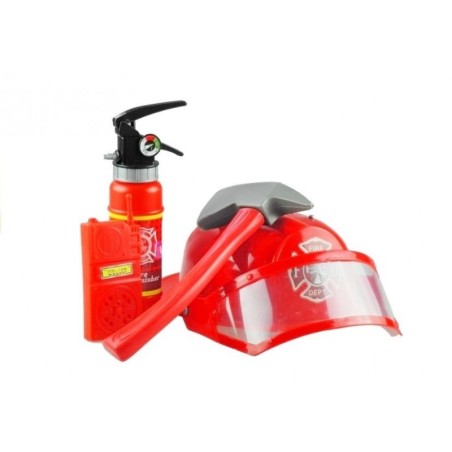 Tuletõrjuja kostüüm koos tarvikutega - kiiver, tulekustuti, raudkang