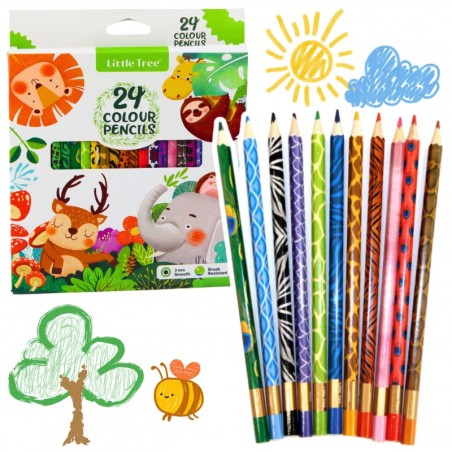 Komplektis 24 värvilist puidust koolipliiatsit