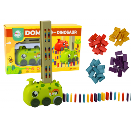 Akutoitega roheline dinosaurusauto, mis paigutab värvilisi doominosid, 4 värvi plokke