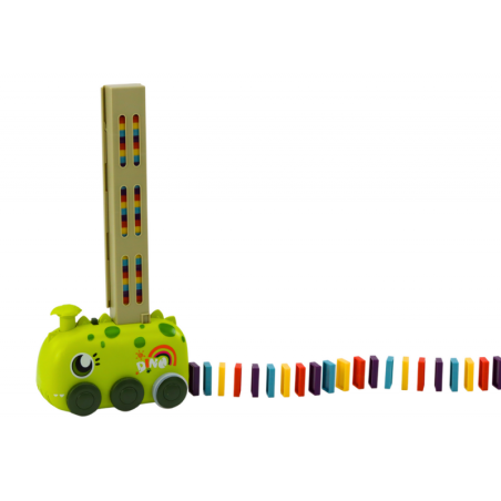 Akutoitega roheline dinosaurusauto, mis paigutab värvilisi doominosid, 4 värvi plokke