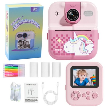 Kiirkaamera koos termoprinteriga mängud 3 rulliga roosa ükssarvik