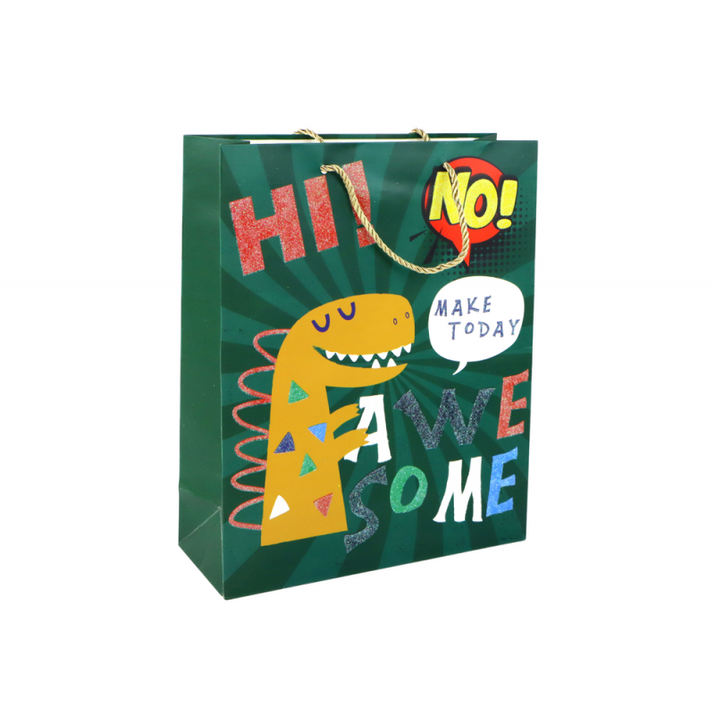 Rohelisest dinosauruse paberist kinkekott 32cm x 26cm x 10cm