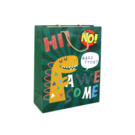 Rohelisest dinosauruse paberist kinkekott 32cm x 26cm x 10cm