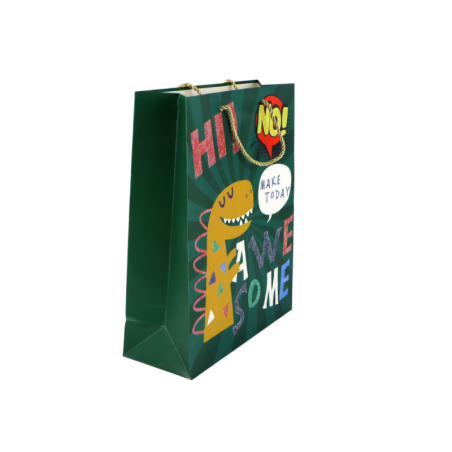 Rohelisest dinosauruse paberist kinkekott 32cm x 26cm x 10cm