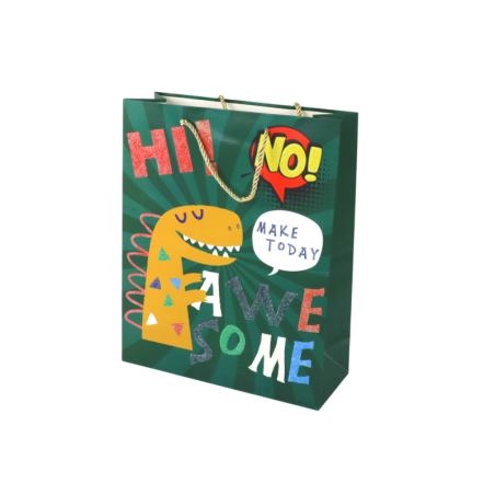 Rohelisest dinosauruse paberist kinkekott 41,5 cm x 30 cm x 12 cm