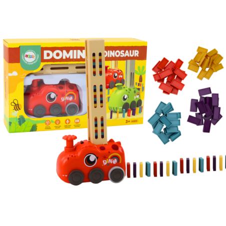 Punane dinosauruse akuga töötav auto, mis paigutab värvilisi doominosid 4 värvi plokkidesse