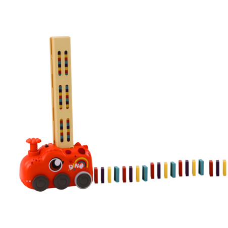 Punane dinosauruse akuga töötav auto, mis paigutab värvilisi doominosid 4 värvi plokkidesse