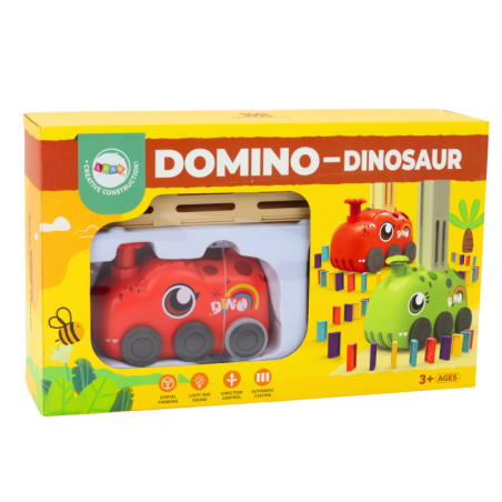 Punane dinosauruse akuga töötav auto, mis paigutab värvilisi doominosid 4 värvi plokkidesse