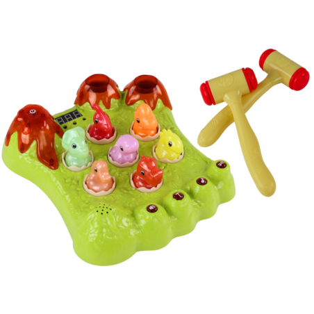 Wack-A-Mole Mäng Dinosauruste laud, kaks haamrit, rohelised tuled