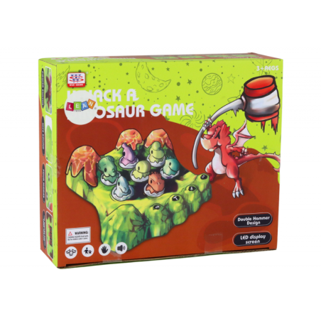 Wack-A-Mole Mäng Dinosauruste laud, kaks haamrit, rohelised tuled