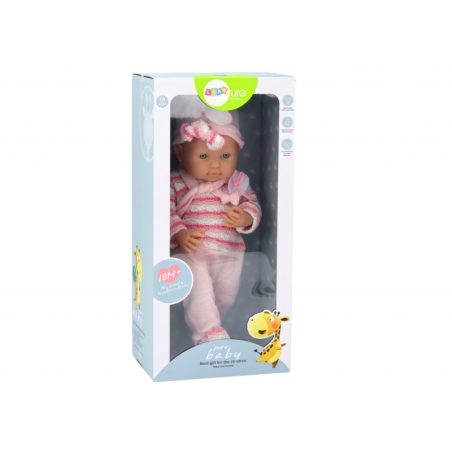 Beebinukk, triibuline kampsun, müts, sall, roosa