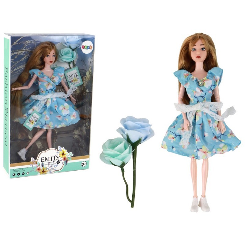 Lastenukk Emily Spring pikkade juustega sinine lilleline kleit