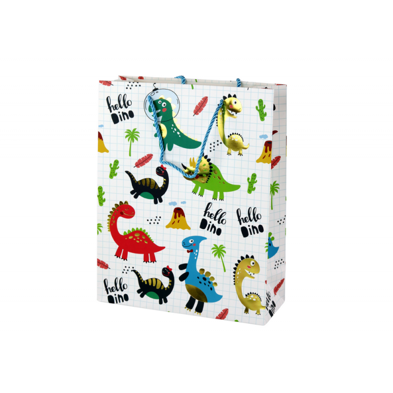 Valgeruuduline paberist kinkekott Dinosaurused 32 cm x 26 cm x 10 cm