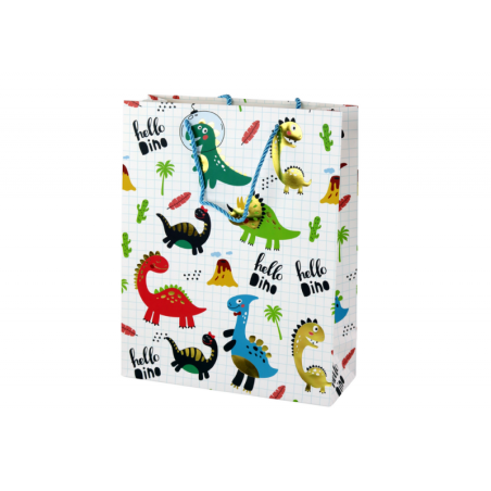 Valgeruuduline paberist kinkekott Dinosaurused 32 cm x 26 cm x 10 cm
