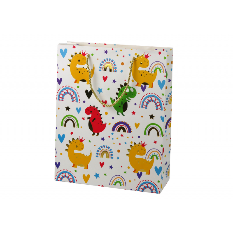 Värviline dinosauruste vikerkaare kinkekott 32 cm x 26 cm x 10 cm
