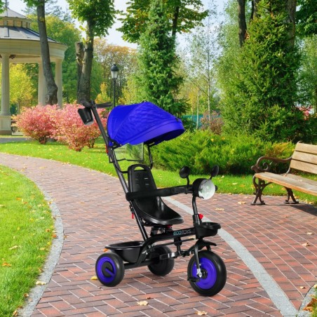 Kolm-ühes kolmerattaline jalutuskäru lastele pööratava istmega, varikatusega, sinine