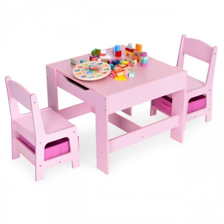 Lastemööbli komplekt – laud + 2 tooli koos tahvliga, roosa