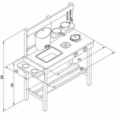 Mudaköök lastele veega ja liivaga mängimiseks, puidust, 80 x 33 x 88 cm