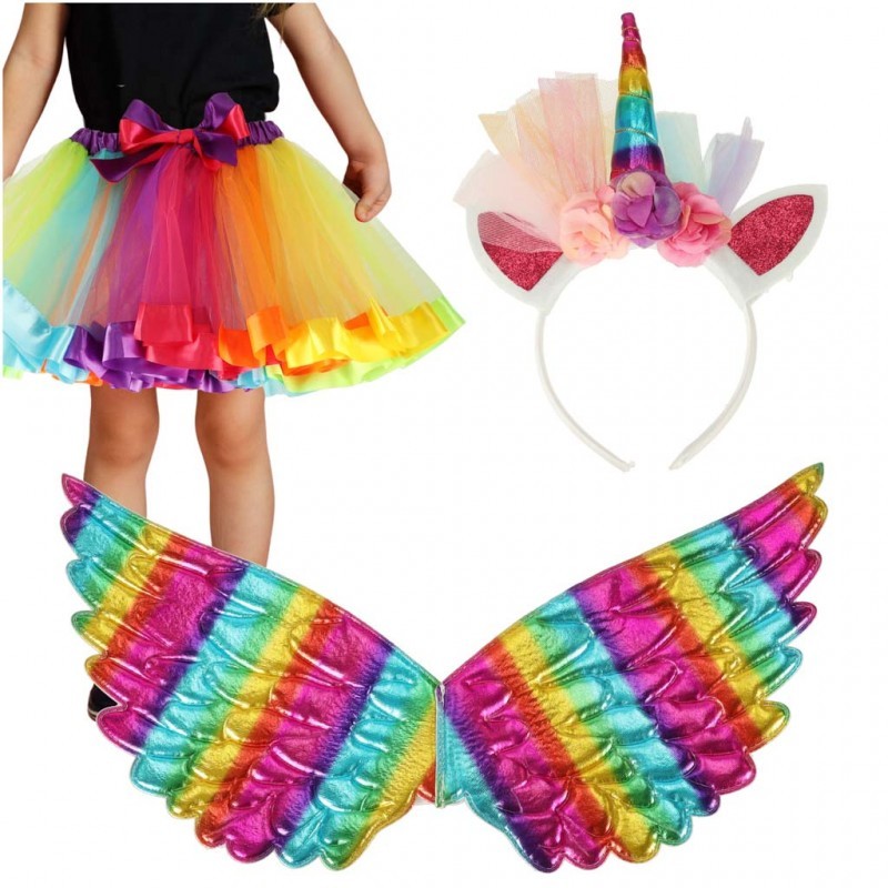 Värviline ükssarviku kostüüm, peapael, tiivad ja seelik