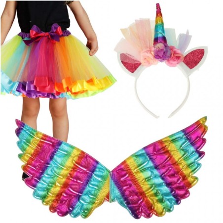 Värviline ükssarviku kostüüm, peapael, tiivad ja seelik